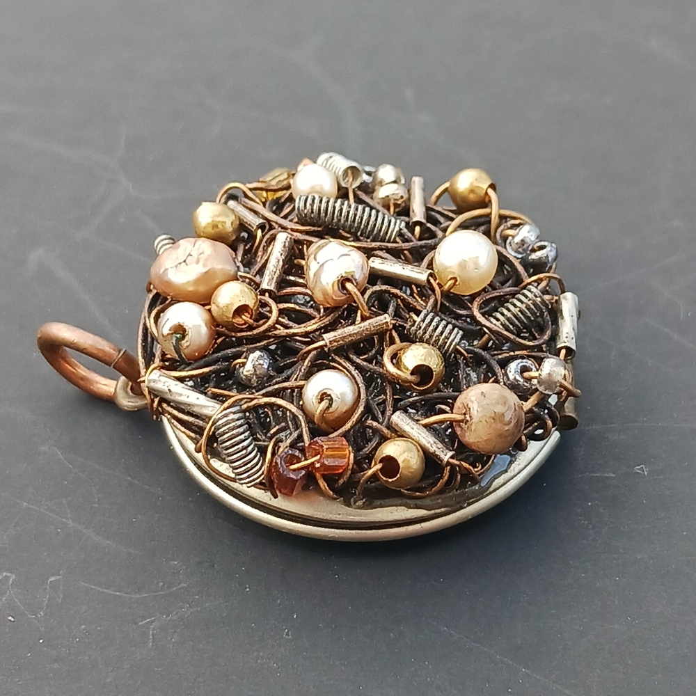 VTG Wirework Locket With Pearlescent Accents Handmade